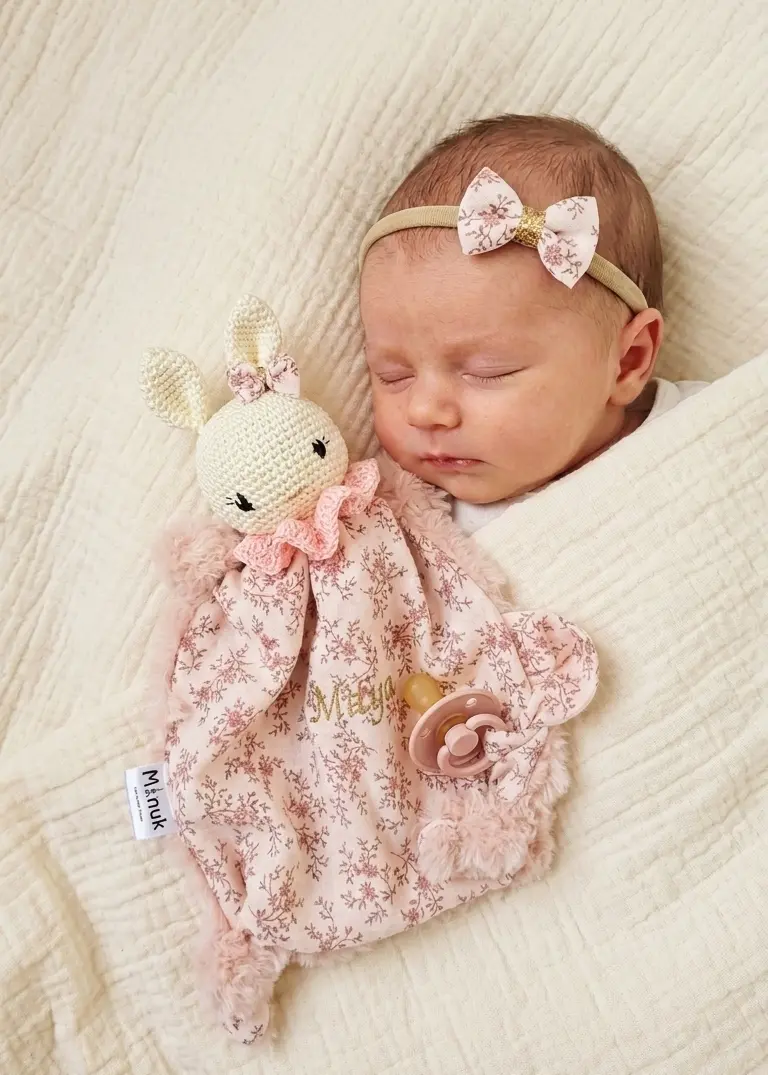 Coffret naissance personnalisé – doudou lapin, attache-tétine et bandeau bébé