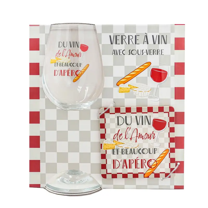 Coffret verre à vin et sous-verre Amour Vin Apéro - Brèves de comptoir