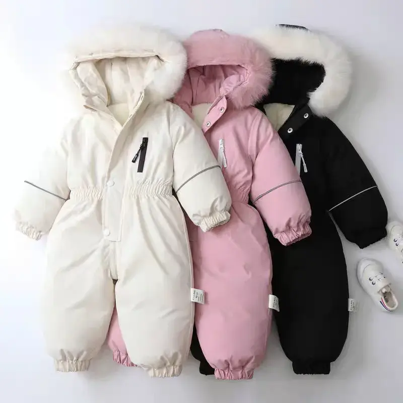 Combinaison ski bébé hiver capuche fourrure - grenouillère coupe-vent épaisse garçon/fille