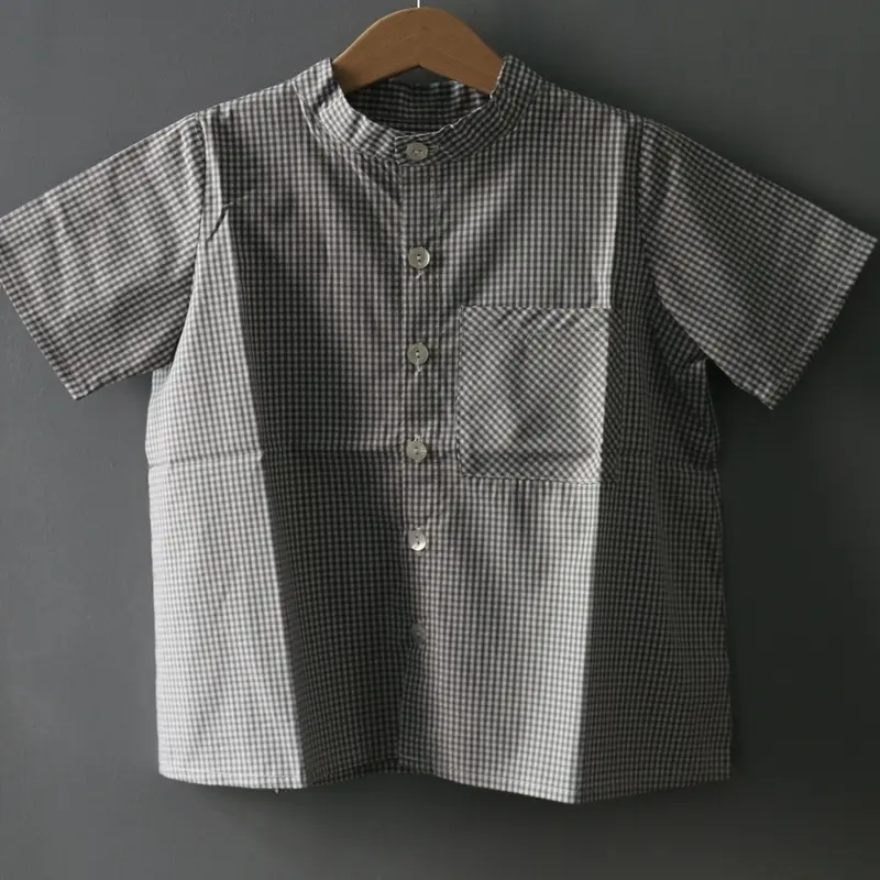 Cotton Collarless School Shirt  - Summer Gingham - 3- 8y