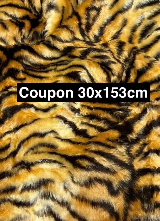 Coupon tissu fausse fourrure douce, et légère à mi-poils longs imprimé marron et jaune 30cm x 153cm