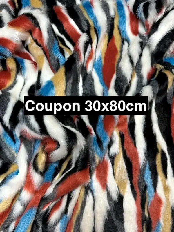 Coupon tissu fausse fourrure originale multicolore Ă poils mi-longs 30cm x 80cm