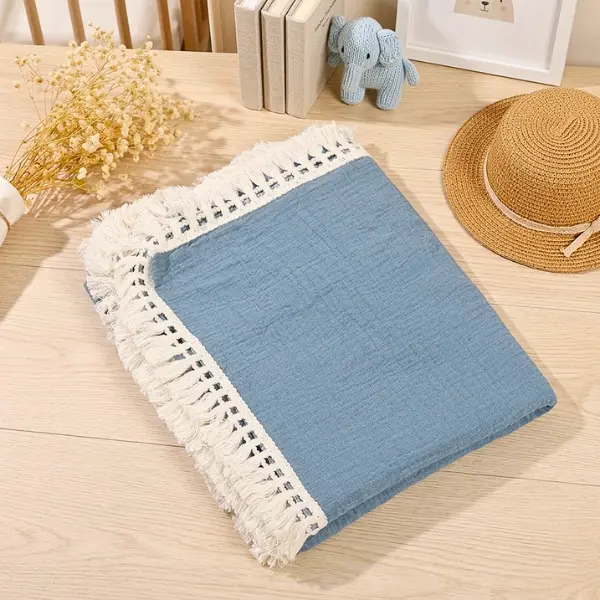 Couverture Bébé - En mousseline à Frange Bleu