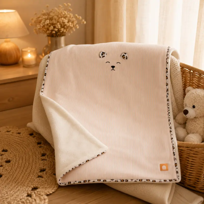 Couverture bébé en velours côtelé et sherpa Léopard - Sauthon