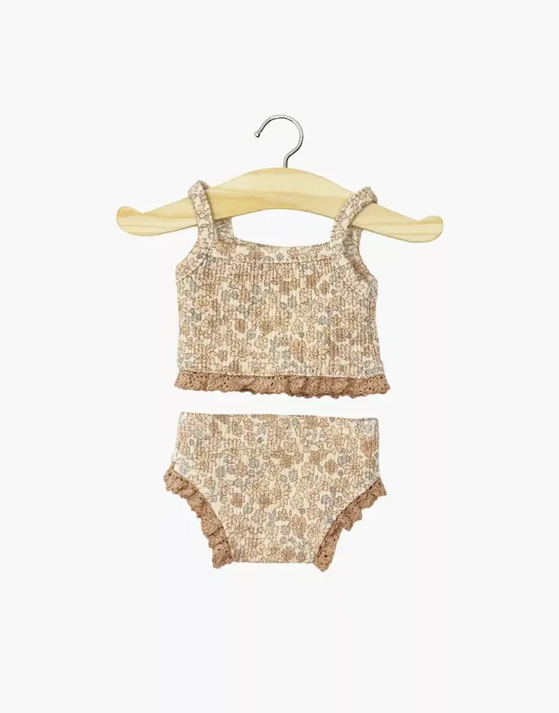 Dessous fille en maille côtelée Petites fleurs cacao et sa dentelle- minikane