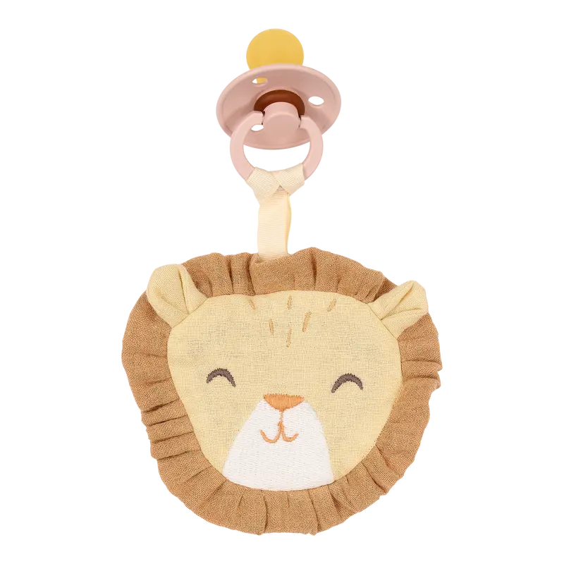 Doudou attache-tétine lion Safari Friends – gaze de coton bio