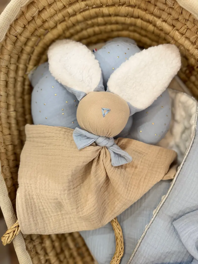 Doudou lapin beige et bleu glacier -Personnalisable