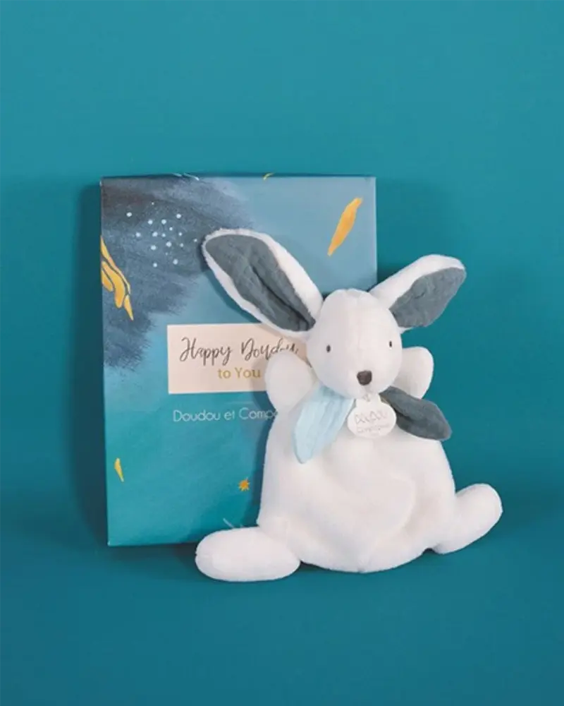 Doudou lapin blanc et bleu