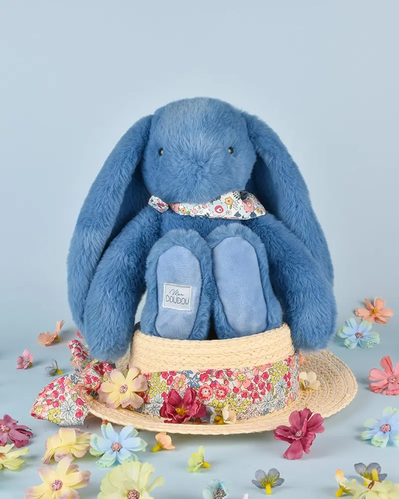 Doudou lapin fleurette bleu medium