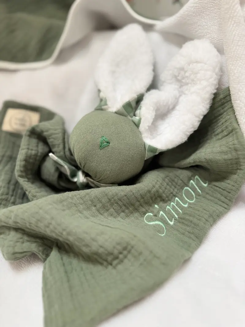 Doudou Lapin vert Vichy -Personnalisable