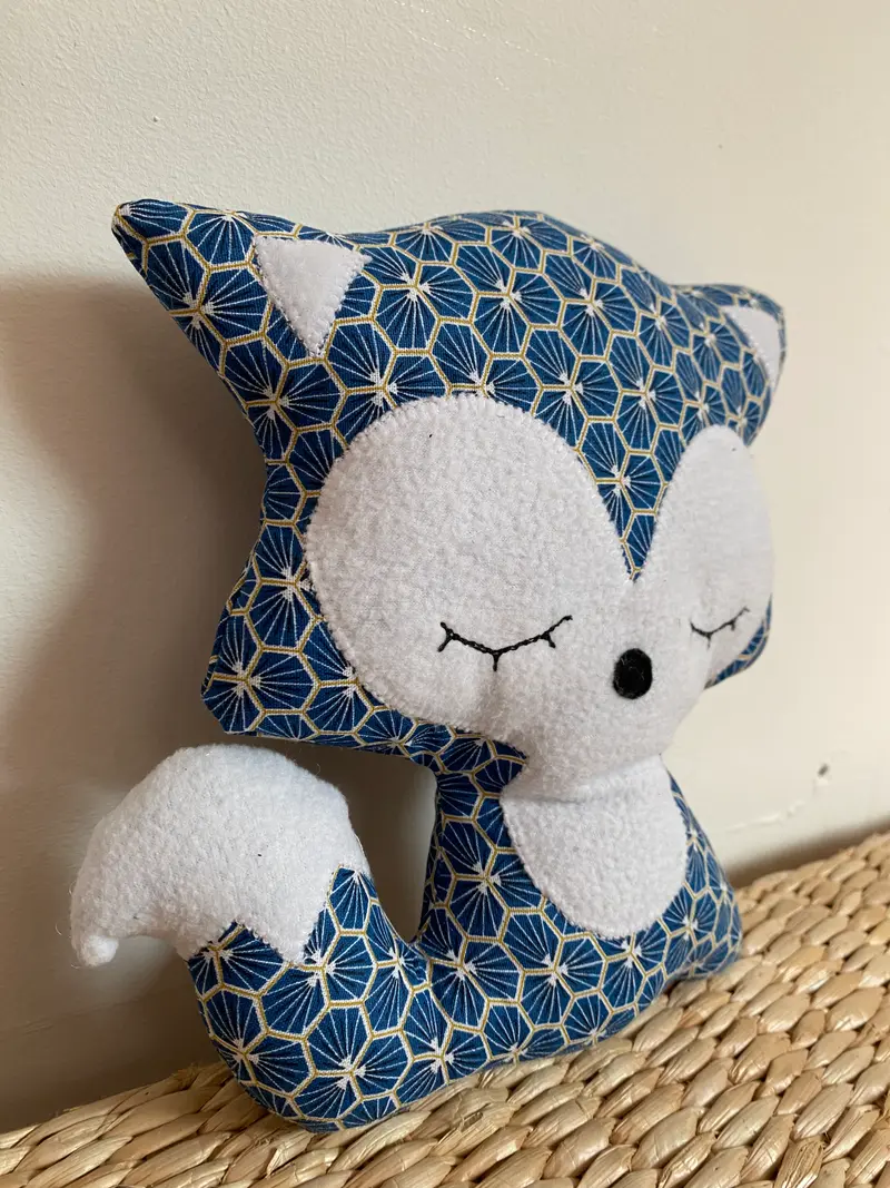 Doudou Renard moyen - Bleu origami - Fabrication artisanale