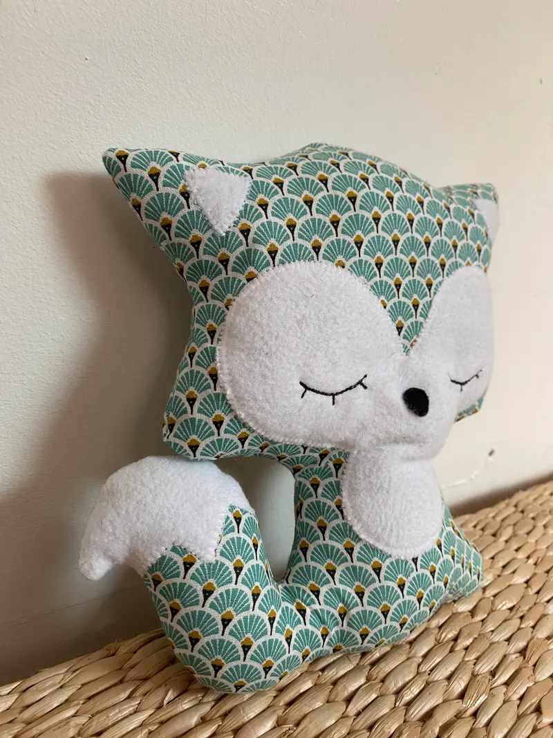 Doudou Renard moyen - Eventails vert turquoise - Fabrication artisanale