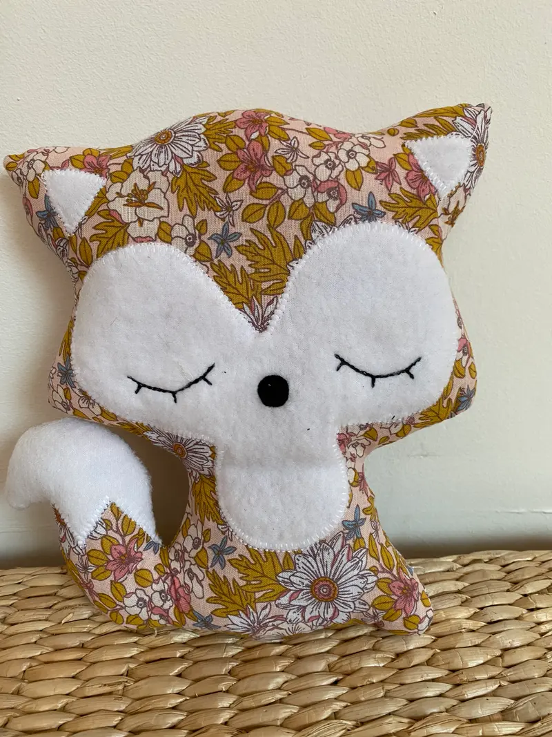 Doudou Renard moyen - Fleurs moutarde et rose - Fabrication artisanale