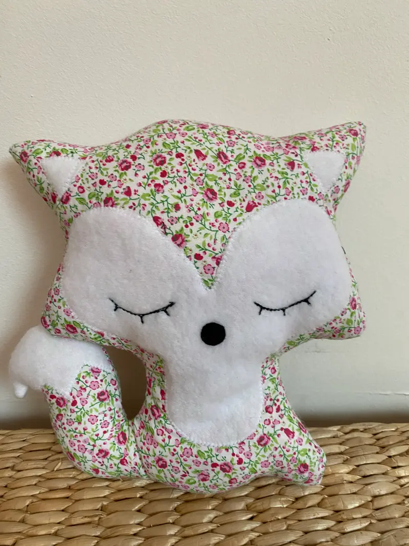 Doudou Renard moyen - liberty framboise et vert - Fabrication artisanale