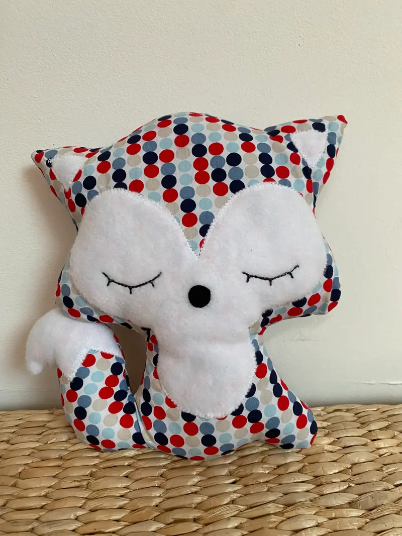 Doudou Renard moyen - Pois bleu et rouge - Fabrication artisanale