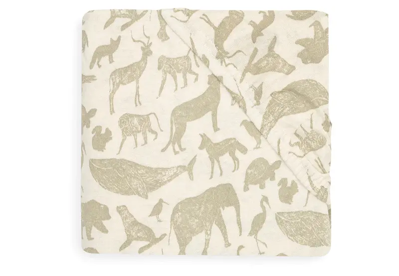 Drap housse 60x120 cotton jersey animals olive green - Jollein