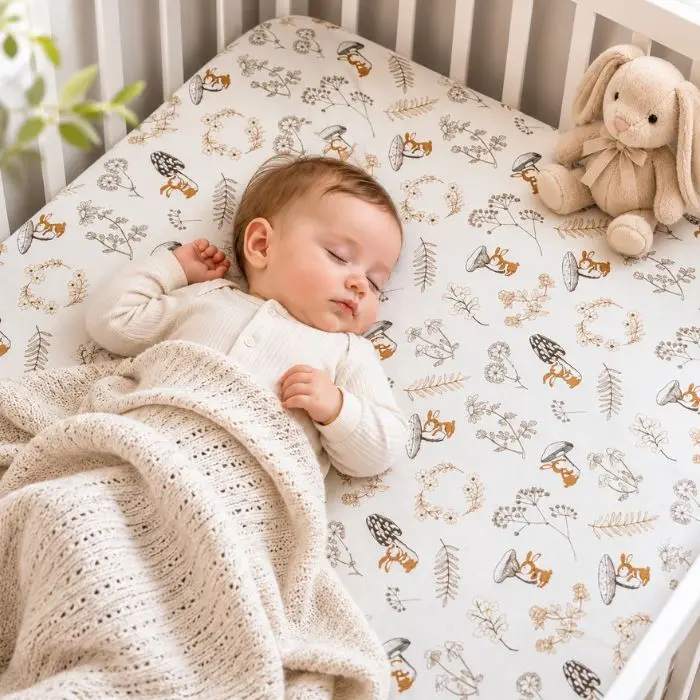 Drap housse bebe | Motif forêt et lapins