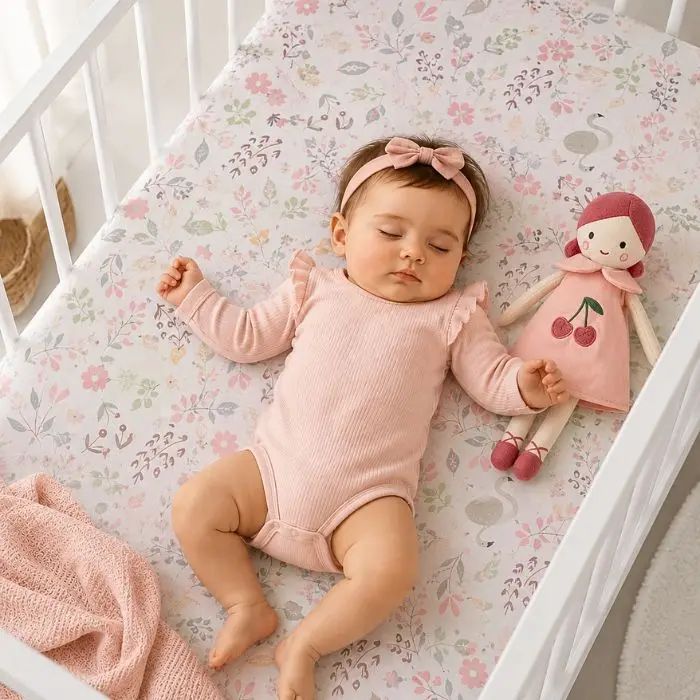 Drap Housse Lit Bébé - Flamants et Fleurs Aquarelle Rose