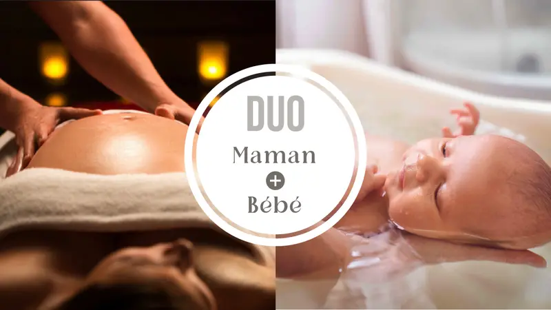 Duo de soins Massage pré-natal maman + Bain enveloppé bébé