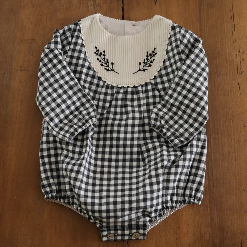 Embroidered Romper Suit with Yoke - Gingham - 3m-2y