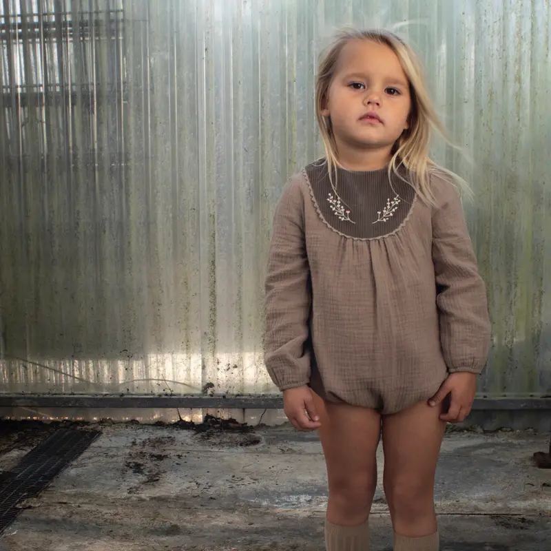 Embroidered Romper Suit with Yoke - Taupe - 3m-2y
