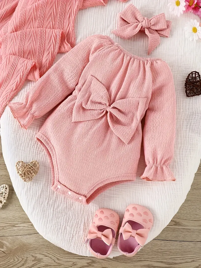 Ensemble 2 pièces bébé body nœud rose manches longues + bavoir - printemps-automne 0-18 mois