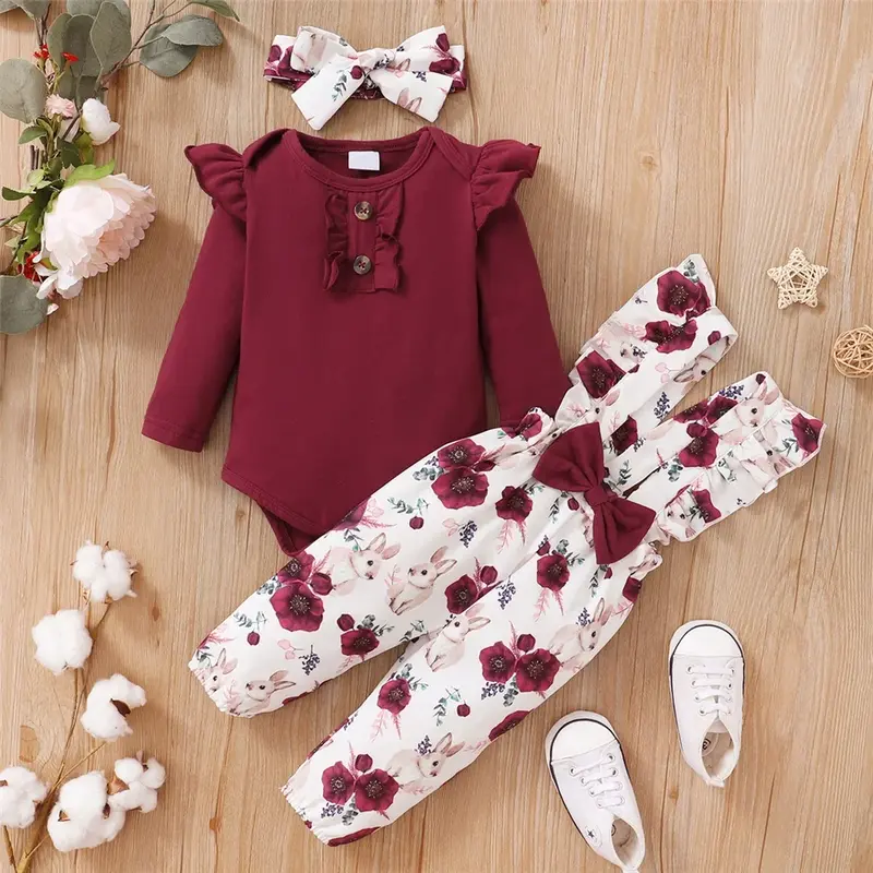 Ensemble 2 pièces bébé fille Mybooni | Body rouge manches longues + Pantalon fleurs