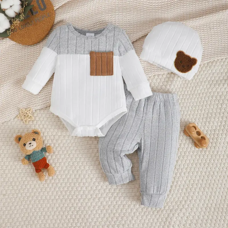 Ensemble 3 pièces bébé garçon rayé Mybooni — Haut + Pantalon + Bonnet 0-18M