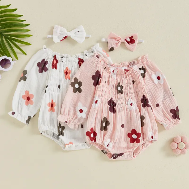 Ensemble bébé fille Citgeett manches longues fleurs à volants - body + bandeau automne