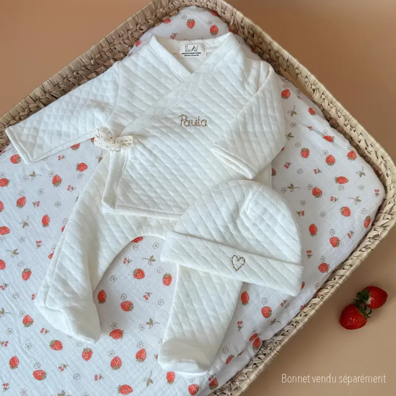 Ensemble de naissance personnalisé brassière + pantalon - Maille écrue matelassée