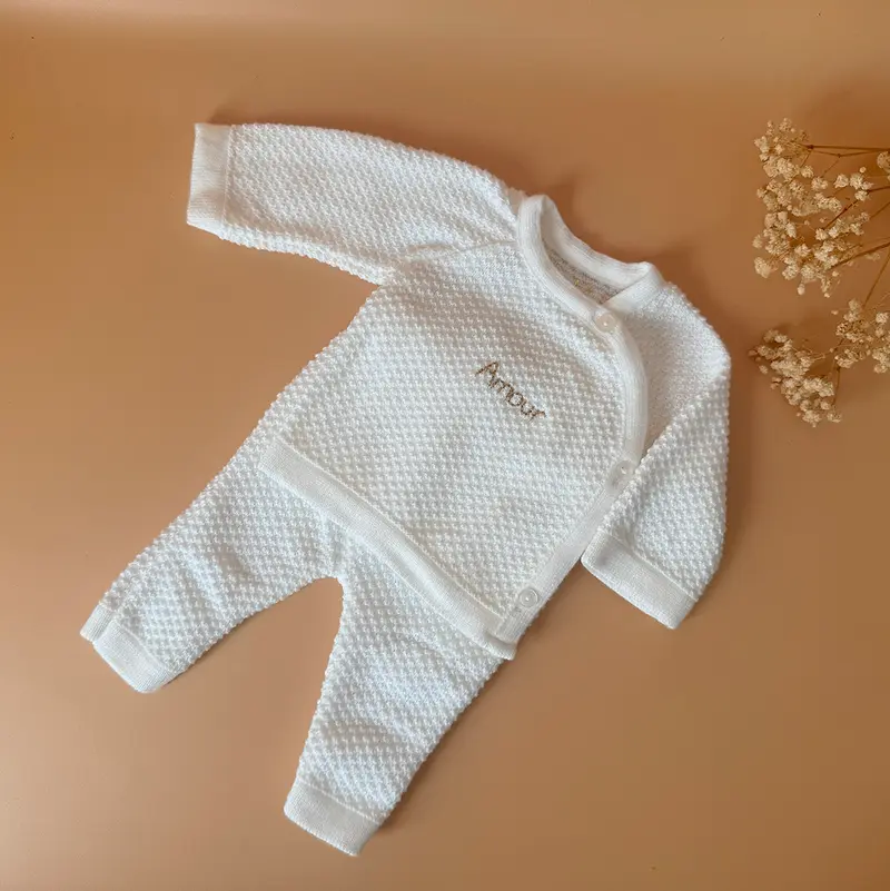 Ensemble de naissance personnalisé en maille nid d'abeille blanc - Brassière + Pantalon