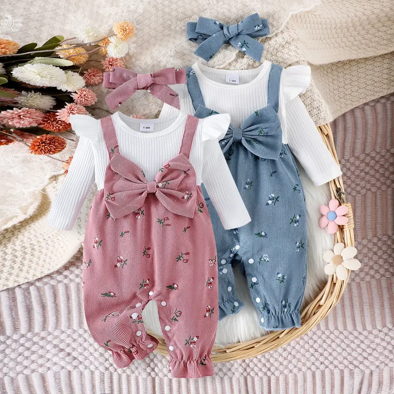 Ensemble grenouillère bébé fille fleurs manches longues avec bandeau Citgeett - automne