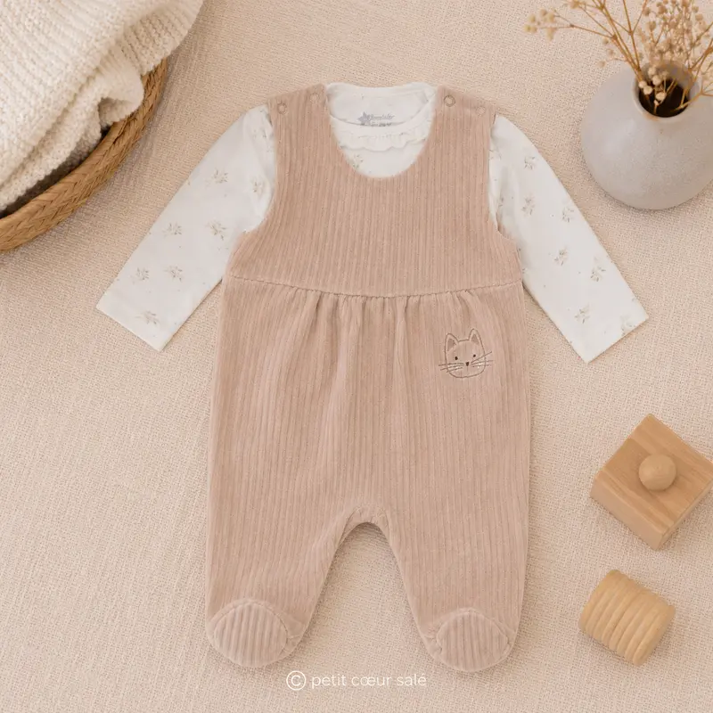 Ensemble grenouillère bébé velours côtelé Chat Lilly