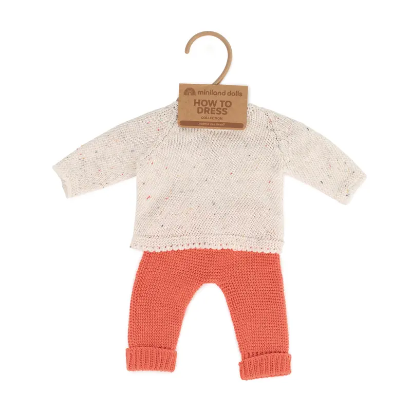 Ensemble vêtements poupée tricoté orange et blanc 38 cm