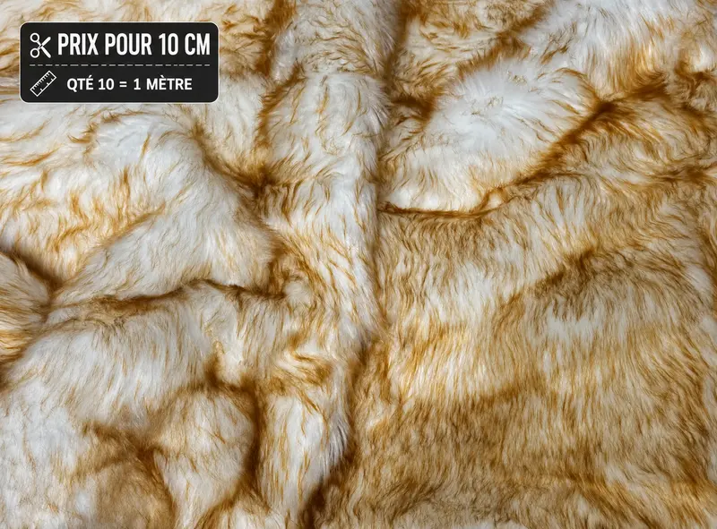 Fausse fourrure blanche et caramel à la coupe – poils longs 5 cm – vendue par 10 cm