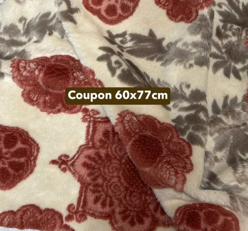 Fausse fourrure originale beige & rouge – Motif fleurs vintage 60x77cm