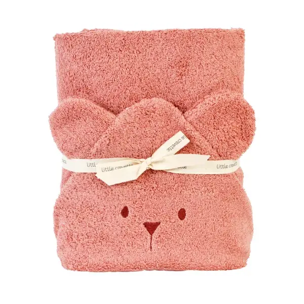 Grande cape de bain oreilles ourson bois de rose en coton bio