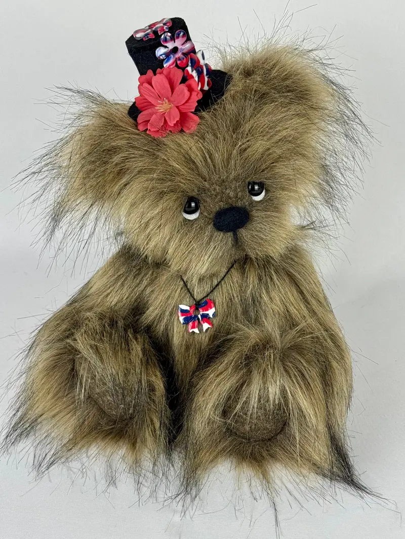 July – Ours en peluche de collection articulé 30 cm en fausse fourrure marron, yeux noirs, nez sculpté, fait main