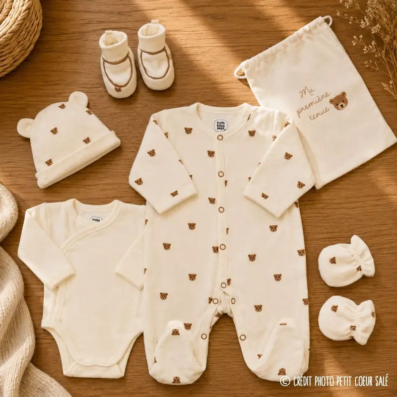 Kit naissance 6 pièces « Ours Moka » – Première tenue bébé – 1 mois