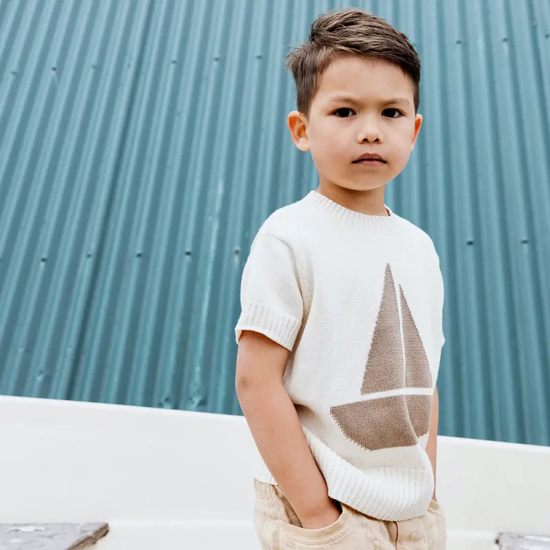 Knitted Cotton Boat Sweater - Cream/Oak - 18m-8y