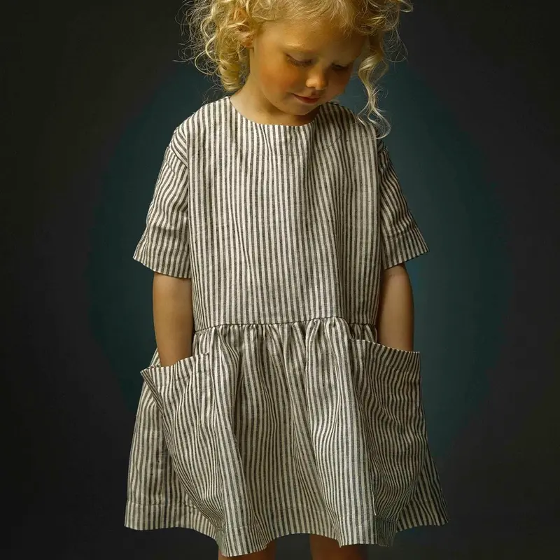 Linen Pocket Dress Striped - Grey/White - 18m-8y
