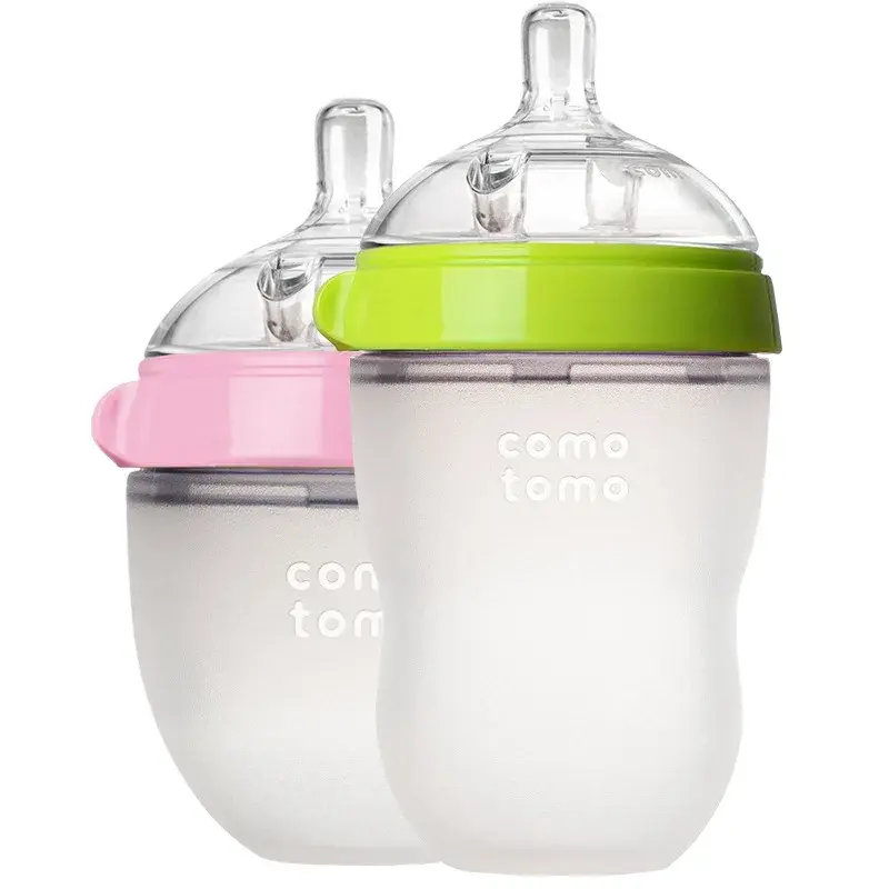Lot 2 biberons bébé sans BPA Mybooni — Silicone 150 ml et 240 ml vert/rose