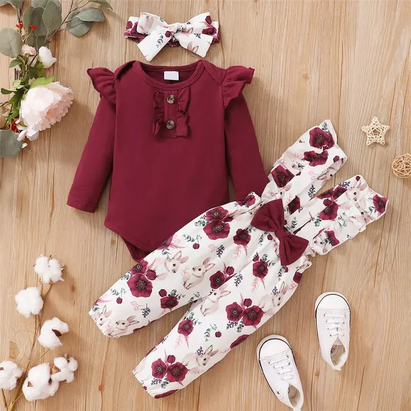 Lot 3 pièces bébé fille body manches longues + pantalon fleuri + bandeau - tenue printemps-automne 0-24 mois