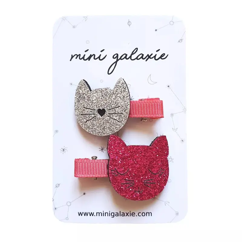 Lot de 2 barrettes chat à paillettes - Rose & argenté - Mini Galaxie