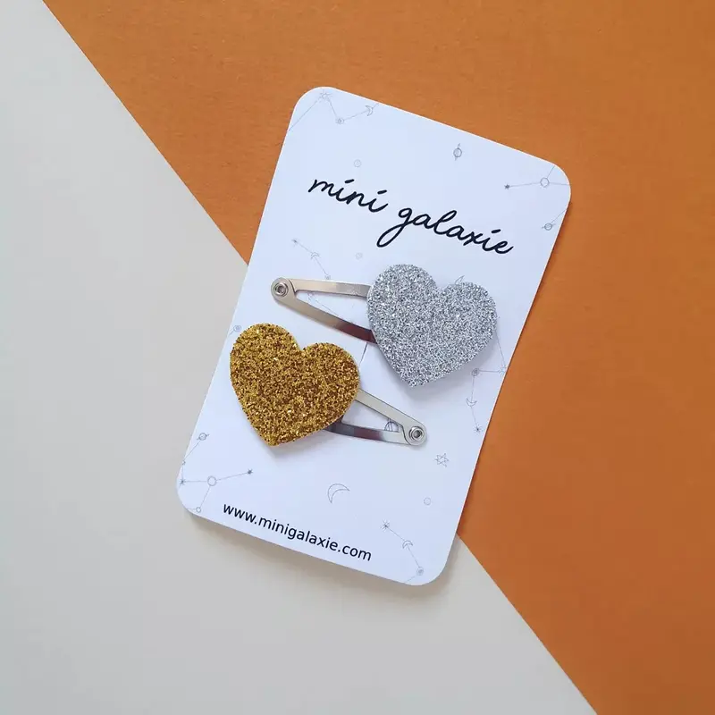Lot de 2 barrettes coeurs paillettes - Or et Argent - Mini Galaxie