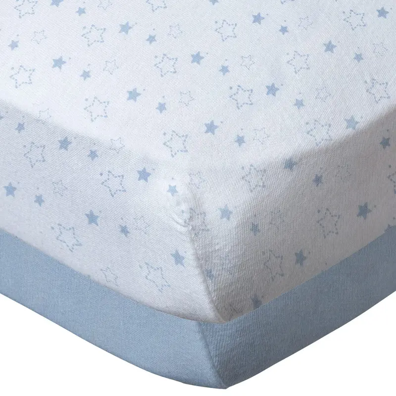 Lot de 2 draps housse en coton 60x120 cm Bleu ciel/Imprimé étoiles