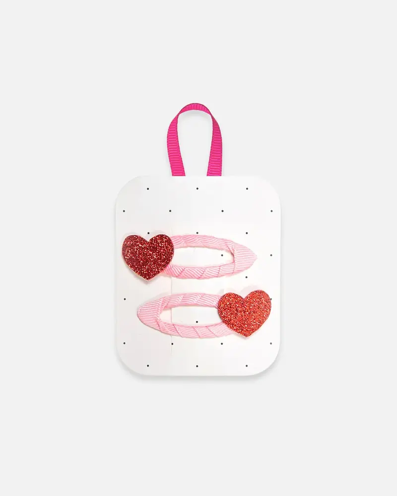 Lot de 2 pinces à cœur pailleté rouge et ruban rose