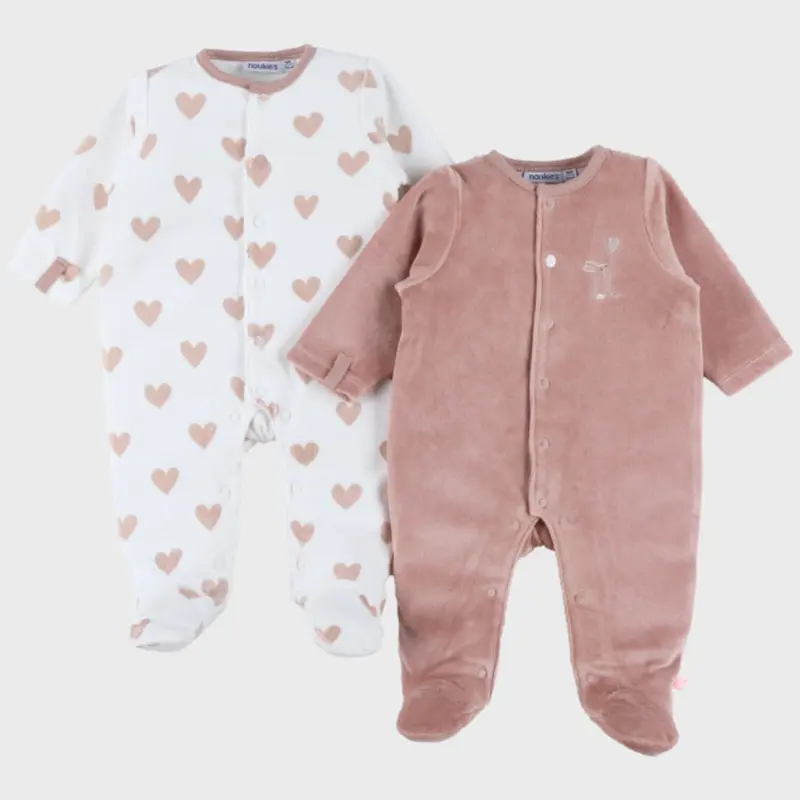 Lot de 2 pyjamas bébé en velours – Petits Cœurs & Rose