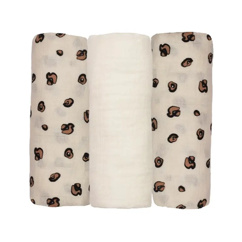 Lot de 3 langes bébé en mousseline – Léopard & beige – 70 × 70 cm