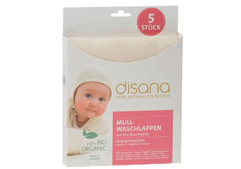 Lot de 5 débarbouillettes en mousseline de coton bio Disana